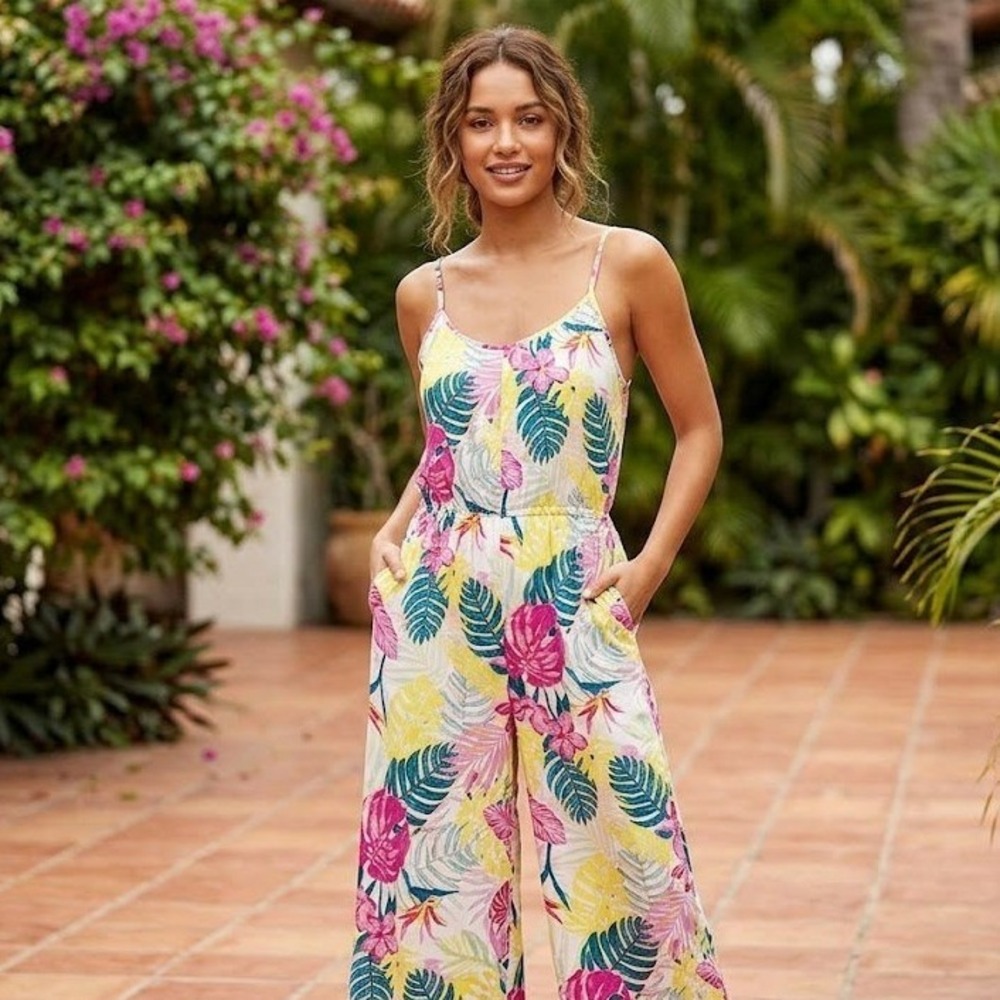 Nicole Miller Romper Jumpsuit Multicolor Tropical Palm Floral Linen Blend Medium - Picture 2 of 11